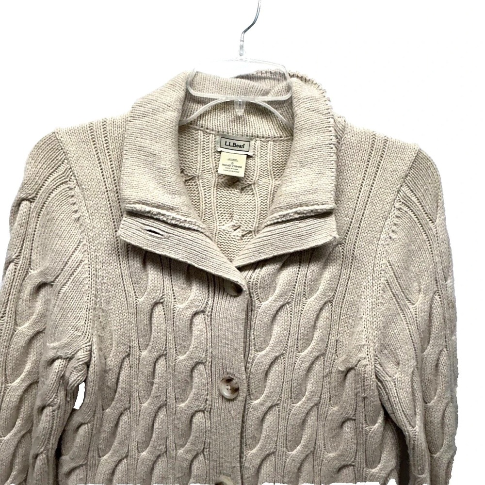 L L Bean Women's Wool/Acrylic Tan Small Cable Knit Cardigan Sweater (E5)